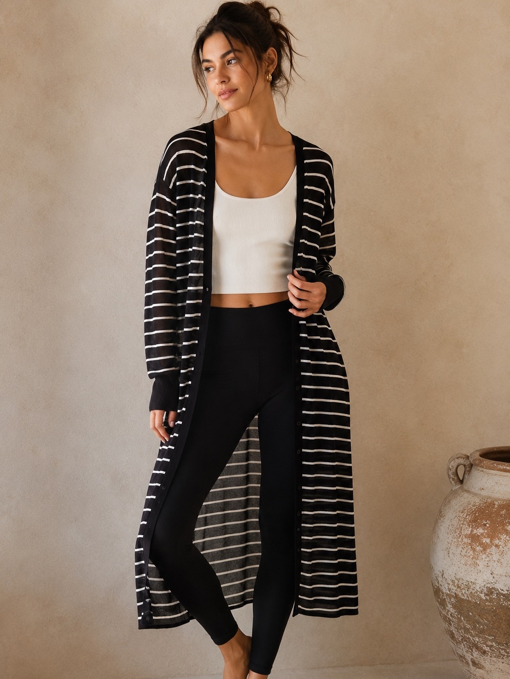 BLACK TAPE NWT Semi-sheer Maxi Duster Navy White Longline Sweater Size Large
